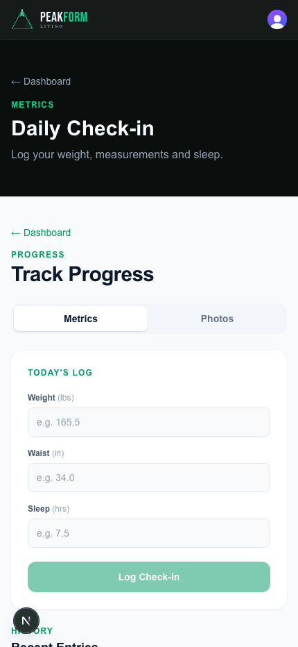 Progress tracking screen for logging weight, waist measurement, and sleep