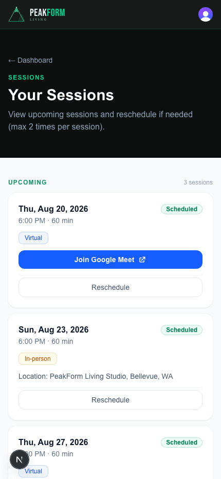 Sessions screen showing upcoming virtual and in-person coaching sessions