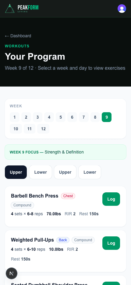 Workout plan screen showing a week of exercises with sets, reps, target weight, and RIR